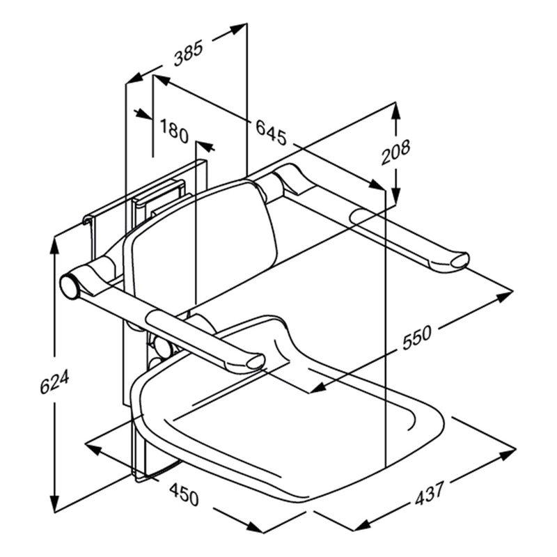 Pressalit PLUS Shower Seat 450 incl. Backrest & Armrests dimensioned drawing (R7464000)