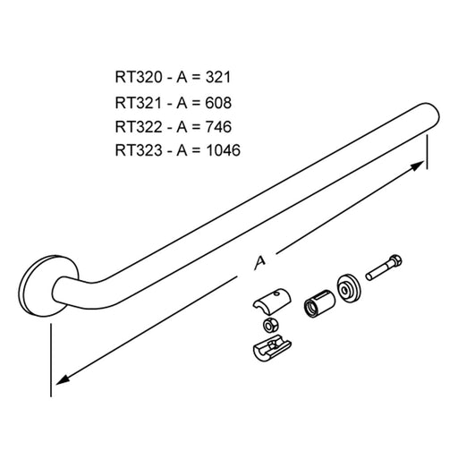 Pressalit PLUS Handrail Section with Wall Rosette connecting joint diagram