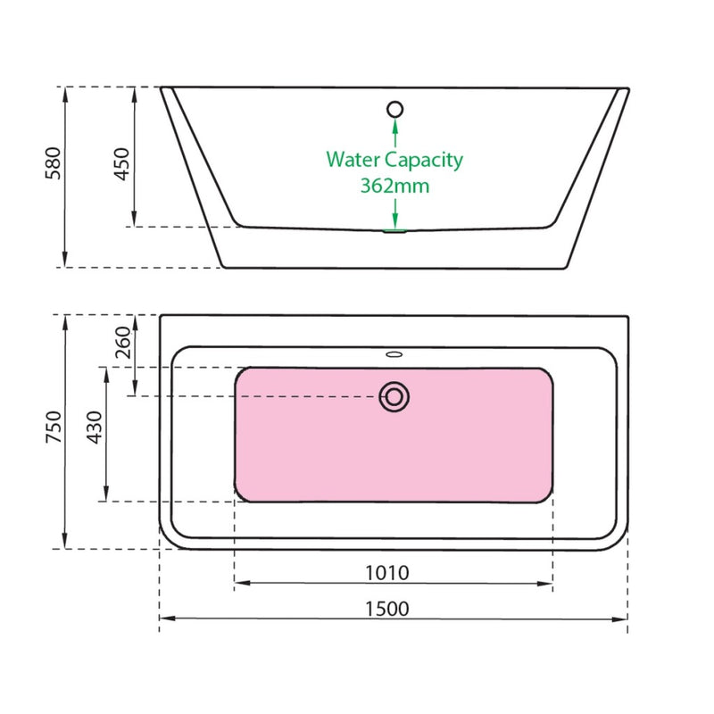 Abbey White Bath 1500 x 750mm - view 2
