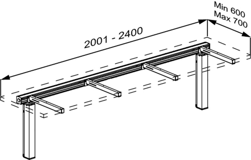 Pressalit INDIVO Wash Basin Lift, 2 Actuators, White, for Worktop 2001-2400mm (RK1413000) — dimensioned drawing