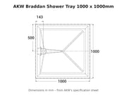 AKW Braddan shower tray 1000 x 1000mm dimensions drawing