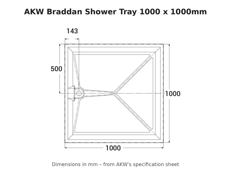 AKW Braddan shower tray 1000 x 1000mm dimensions drawing