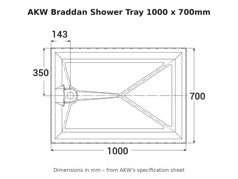 AKW Braddan shower tray 1000 x 700mm dimensions drawing