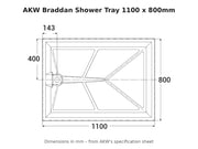 AKW Braddan shower tray 1100 x 800mm dimensions drawing