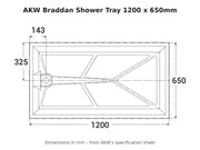 AKW Braddan shower tray 1200 x 650mm dimensions drawing