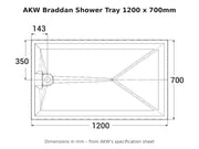 AKW Braddan shower tray 1200 x 700mm dimensions drawing