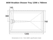 AKW Braddan shower tray 1200 x 760mm dimensions drawing