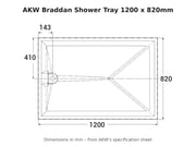 AKW Braddan shower tray 1200 x 820mm dimensions drawing
