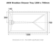 AKW Braddan shower tray 1300 x 700mm dimensions drawing