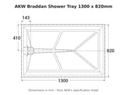 AKW Braddan shower tray 1300 x 820mm dimensions drawing