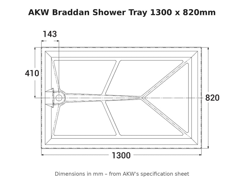 AKW Braddan shower tray 1300 x 820mm dimensions drawing