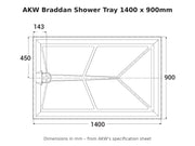 AKW Braddan shower tray 1400 x 900mm dimensions drawing