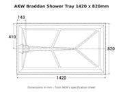 AKW Braddan shower tray 1420 x 820mm dimensions drawing
