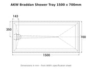 AKW Braddan shower tray 1500 x 700mm dimensions drawing