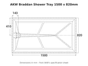 AKW Braddan shower tray 1500 x 820mm dimensions drawing