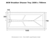 AKW Braddan shower tray 1600 x 700mm dimensions drawing