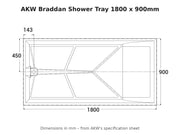 AKW Braddan shower tray 1800 x 900mm dimensions drawing