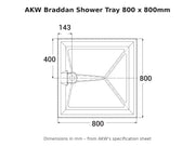 AKW Braddan shower tray 800 x 800mm dimensions drawing