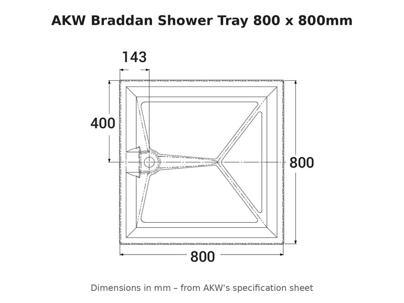 AKW Braddan shower tray 800 x 800mm dimensions drawing