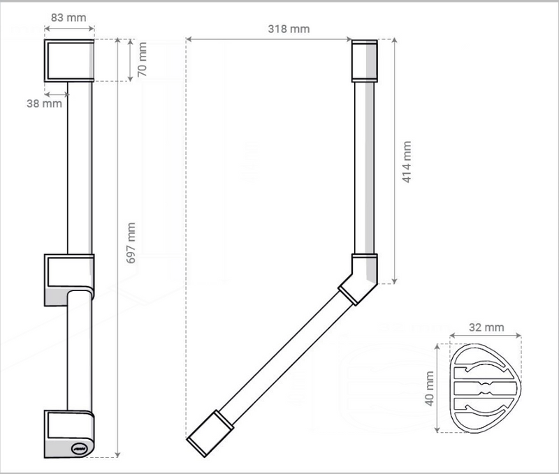 AKW Onyx 2 angled 400x400mm grab rail technical drawing with dimensions