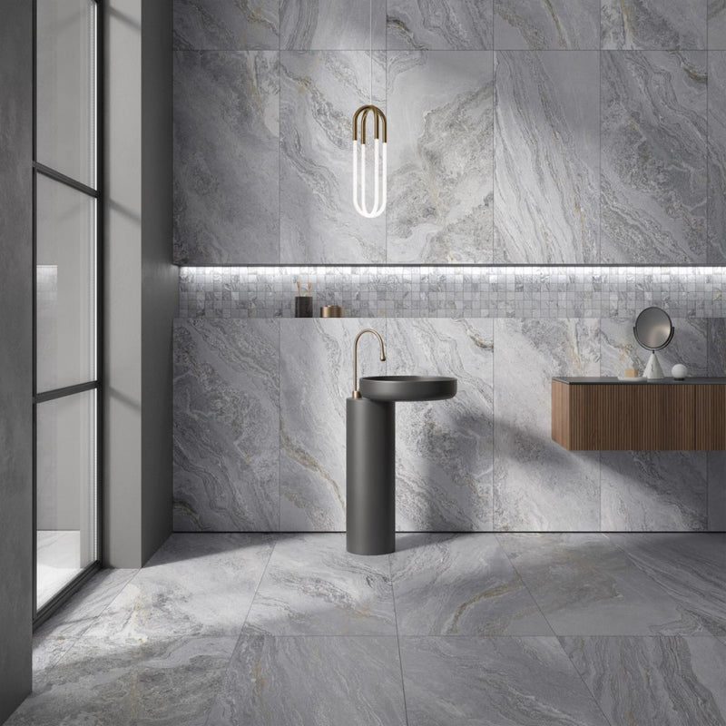 Amelia Grey Stone Effect Matt Porcelain Wall & Floor Tile 600x1200mm