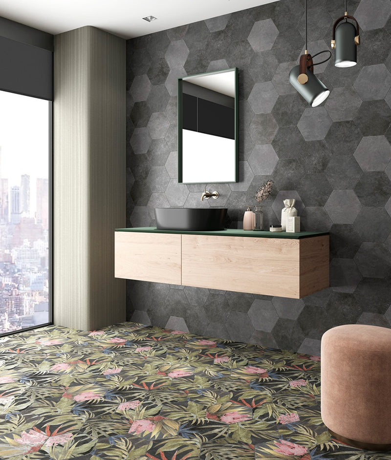 Aventura Black Floral Matt Porcelain Hexagon Wall & Floor Tile 230x270mm