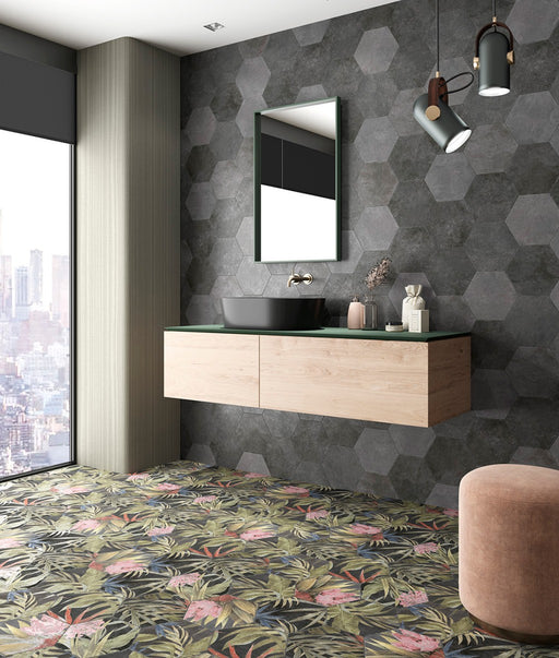 Aventura Black Floral Matt Porcelain Hexagon Wall & Floor Tile 230x270mm