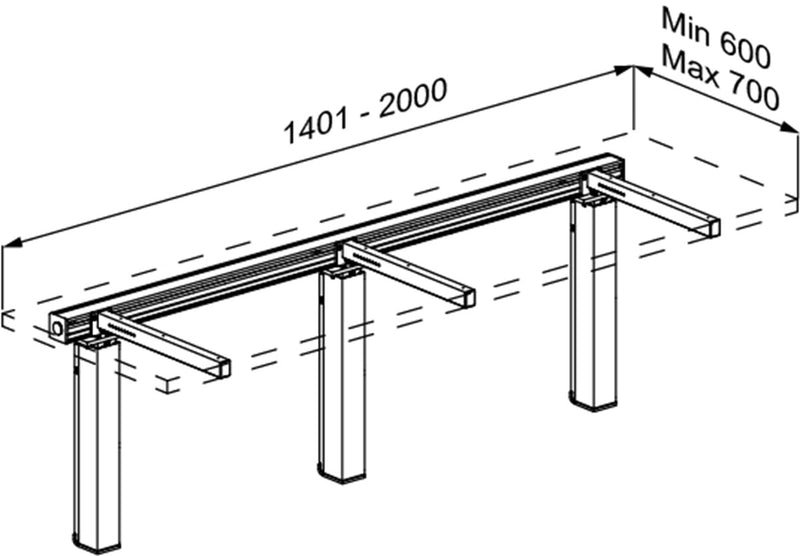 Pressalit INDIVO Wash Basin Lift, 3 Actuators, Grey, for Worktop 1401-2000mm (RK1452202) — dimensioned drawing