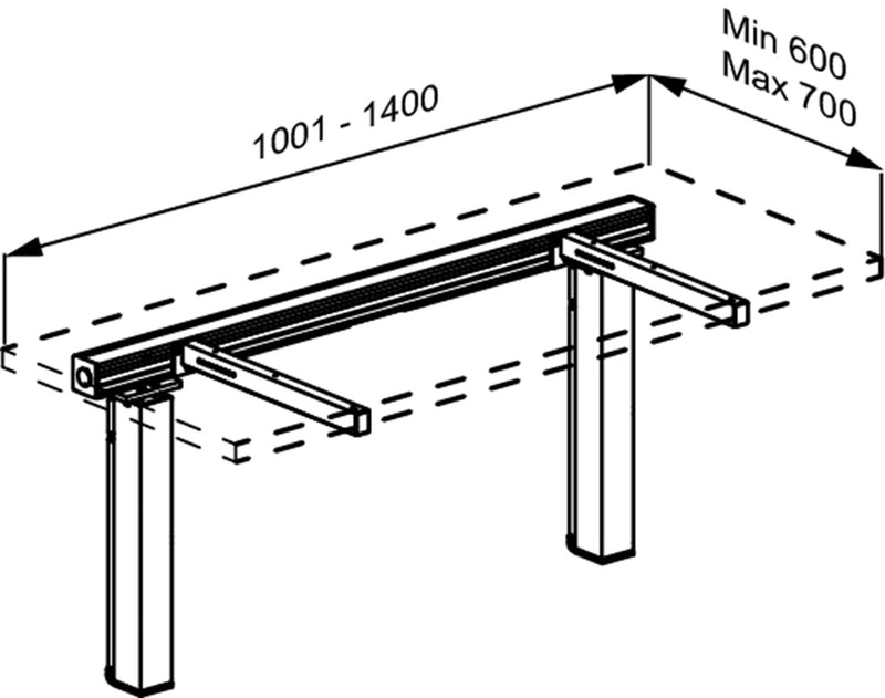Pressalit INDIVO Wash Basin Lift, 2 Actuators, White, for Worktop 1001-1400mm (RK1411000) — dimensioned drawing