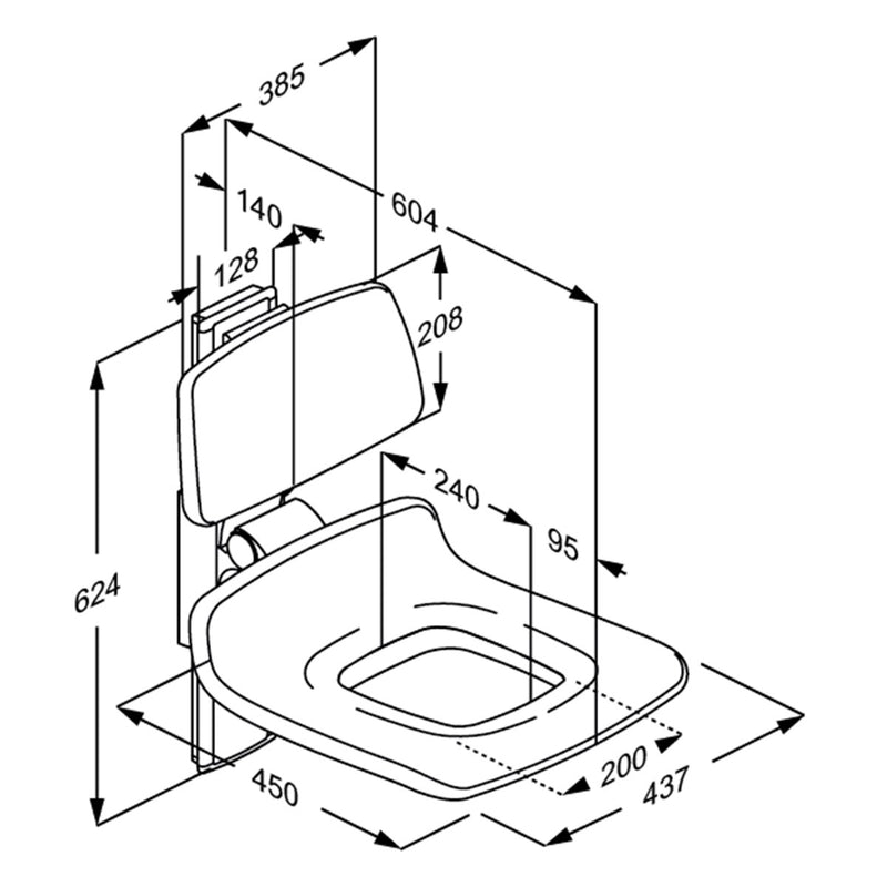 Pressalit PLUS Shower Seat 450 with Aperture incl. Backrest dimensioned drawing (R7425112)