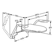 Pressalit TMA 2 toilet arm support with Dania toilet seat, dimensioned drawing