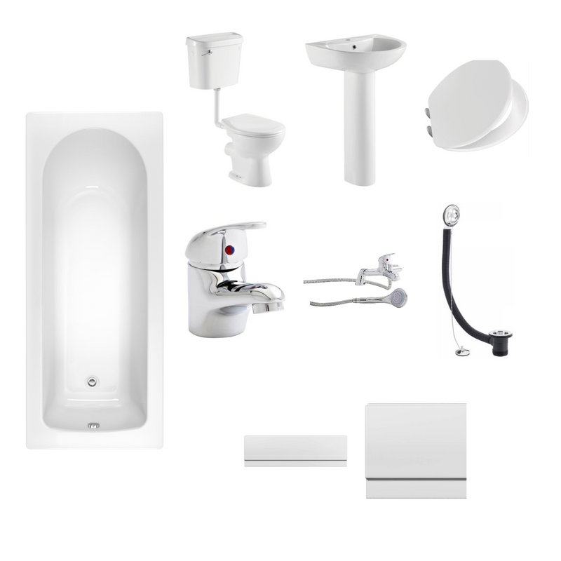 Kartell complete bathroom suite package - 1700mm bath, low level toilet, Proton basin, taps and panels