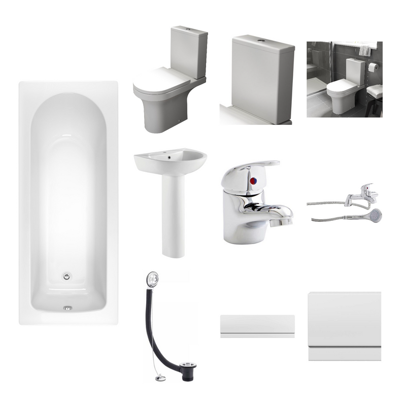 Kartell complete bathroom suite package - 1700mm bath, close coupled toilet, Proton basin, taps and panels