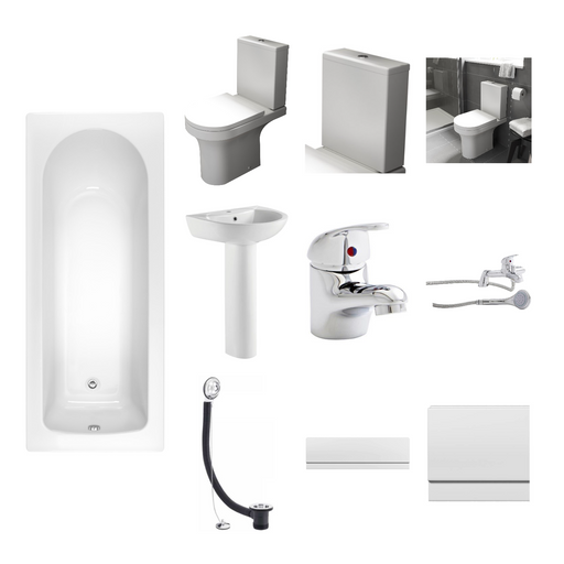 Kartell complete bathroom suite package - 1700mm bath, close coupled toilet, Proton basin, taps and panels