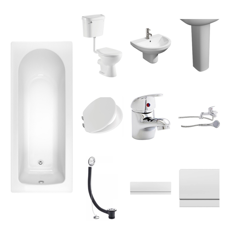 Kartell complete bathroom suite package - 1700mm bath, low level toilet, basin, taps and panels