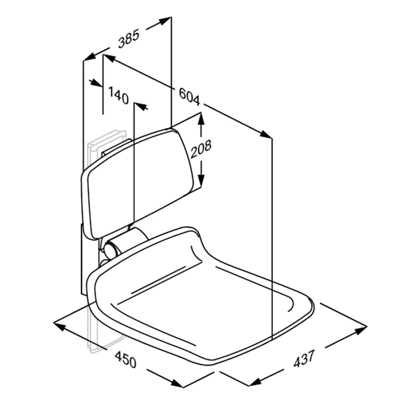 Pressalit PLUS Replacement Shower Seat 450 incl. Backrest dimensioned drawing (R7124108)