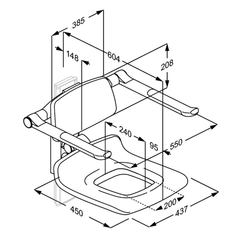 Pressalit PLUS Replacement Shower Seat 450 with Aperture incl. Backrest & Armrests dimensioned drawing (R7135000)