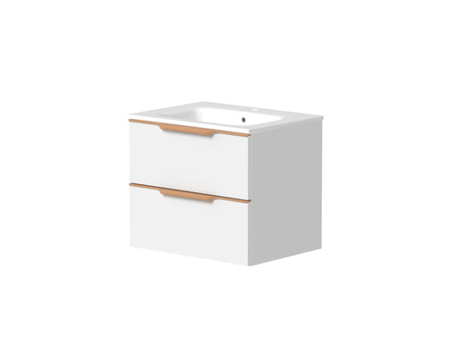 Bembridge 600mm Two Drawer Wall Hung Unit & Basin in Matt White with Oak Handles