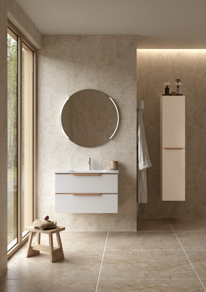 Bembridge 800mm Two Drawer Wall Hung Unit & Basin in Matt White with Oak Handles