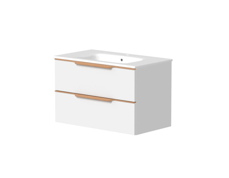 Bembridge 800mm Two Drawer Wall Hung Unit & Basin in Matt White with Oak Handles - view 4