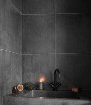 Wall&Water Black Velvet Satin 600x600mm tile-effect wet wall panel in a contemporary bathroom