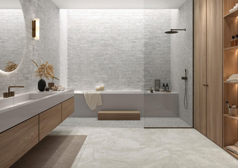 Bradenton grey travertine effect brick mosaic sheet 300x300mm - view 2