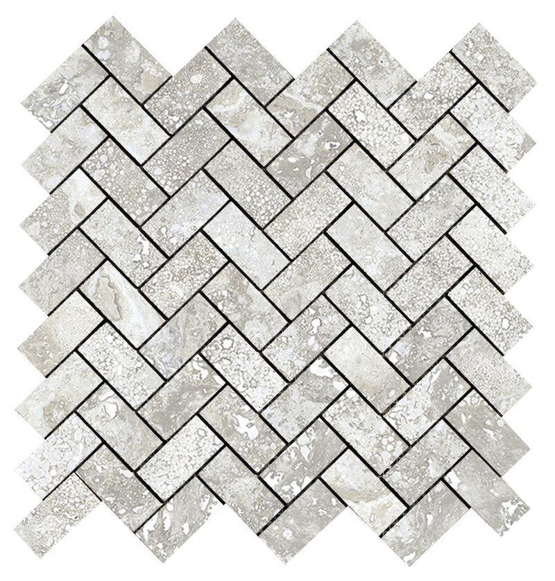 Bradenton Grey Travertine Effect Matt Porcelain Herringbone Mosaic Wall & Floor Tile 305x305mm