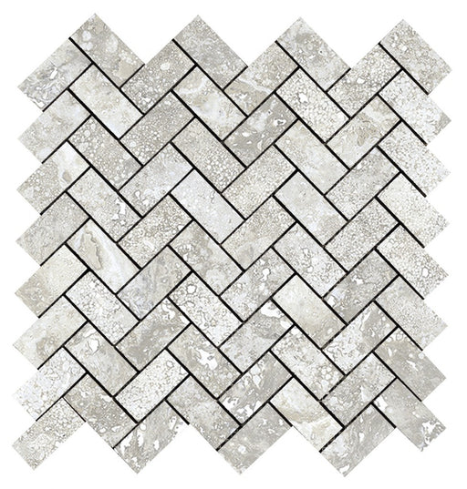 Bradenton Grey Travertine Effect Matt Porcelain Herringbone Mosaic Wall & Floor Tile 305x305mm