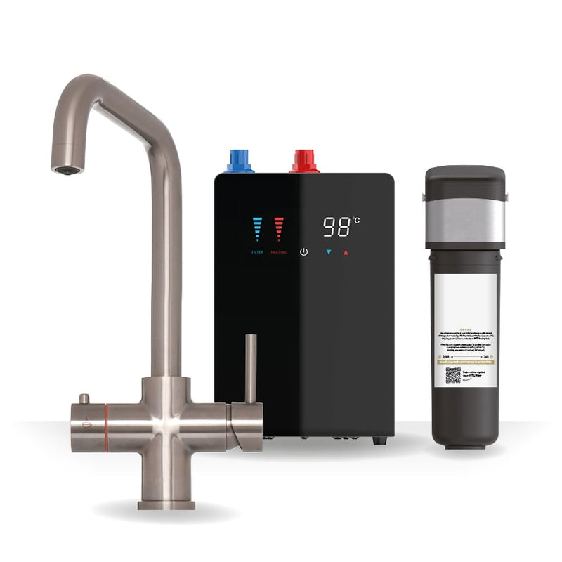 Brewmaster 3-in-1 square instant boiling water kitchen tap in Brushed Nickel with digital under-sink tank