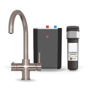 Brewmaster 3-in-1 swan neck instant boiling water kitchen tap in Brushed Nickel with standard 2.4 litre under-sink tank