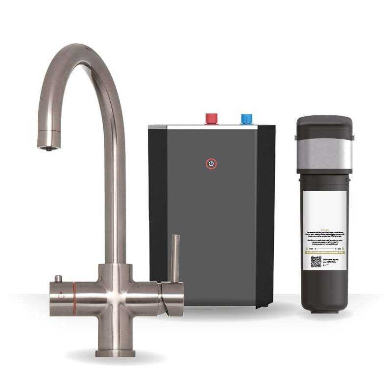 Brewmaster 3-in-1 swan neck instant boiling water kitchen tap in Brushed Nickel with standard 2.4 litre under-sink tank