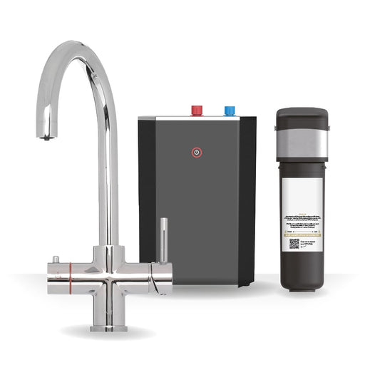 Brewmaster 3-in-1 swan neck instant boiling water kitchen tap in Chrome with digital under-sink tank