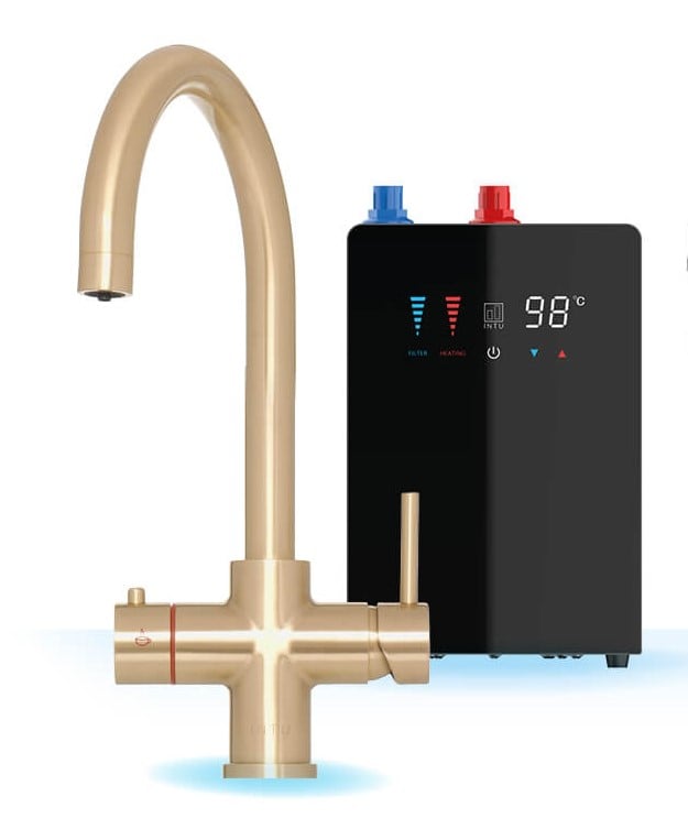 Brewmaster 4-in-1 square instant boiling water kitchen tap in Brushed Gold with digital under-sink tank