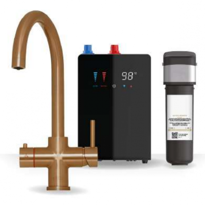 Brewmaster 4-in-1 swan neck instant boiling water kitchen tap in Brushed Copper with digital under-sink tank